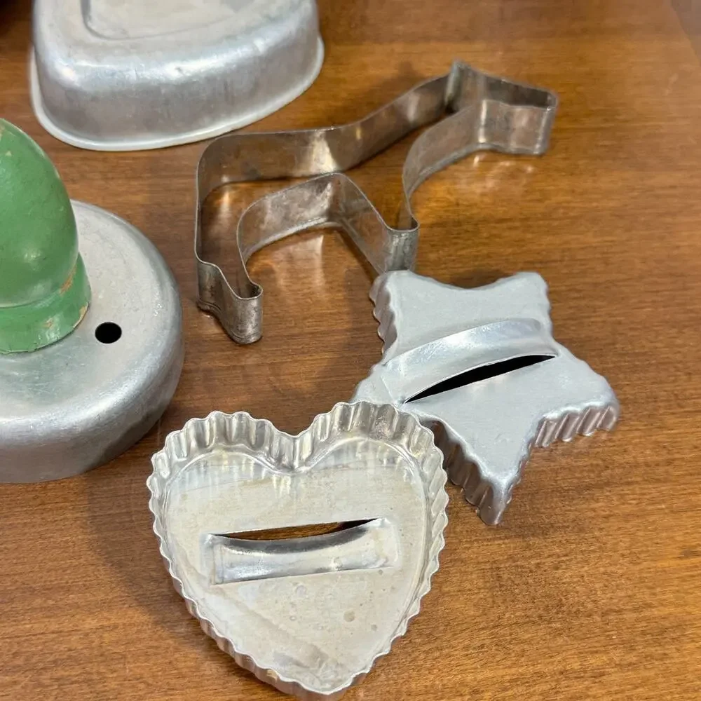 Vintage Lot of Aluminum Cookie Cutters, Mini Cake Pans Heart Donut Star Tree